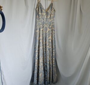 Xtraordinary Blue and Cream Floral Brocade Maxi Gown